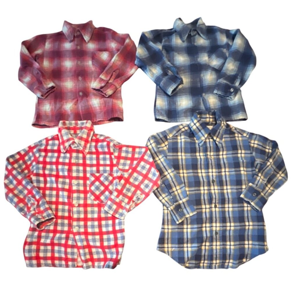 Vintage  80s' Montgomery Ward  JC Penney Jr. Boys Plaid Flannel Shirts Sz 6 7  8